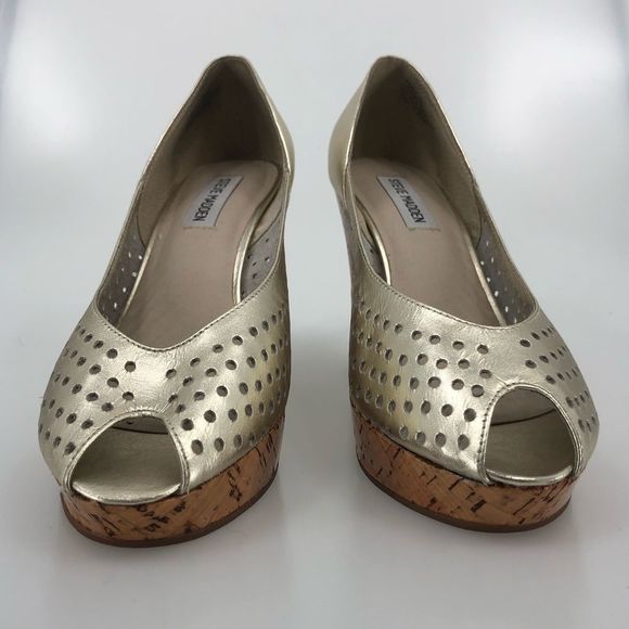 Steve Madden Gold Perforated Cork Wedge Sandals - Picture 2 of 11